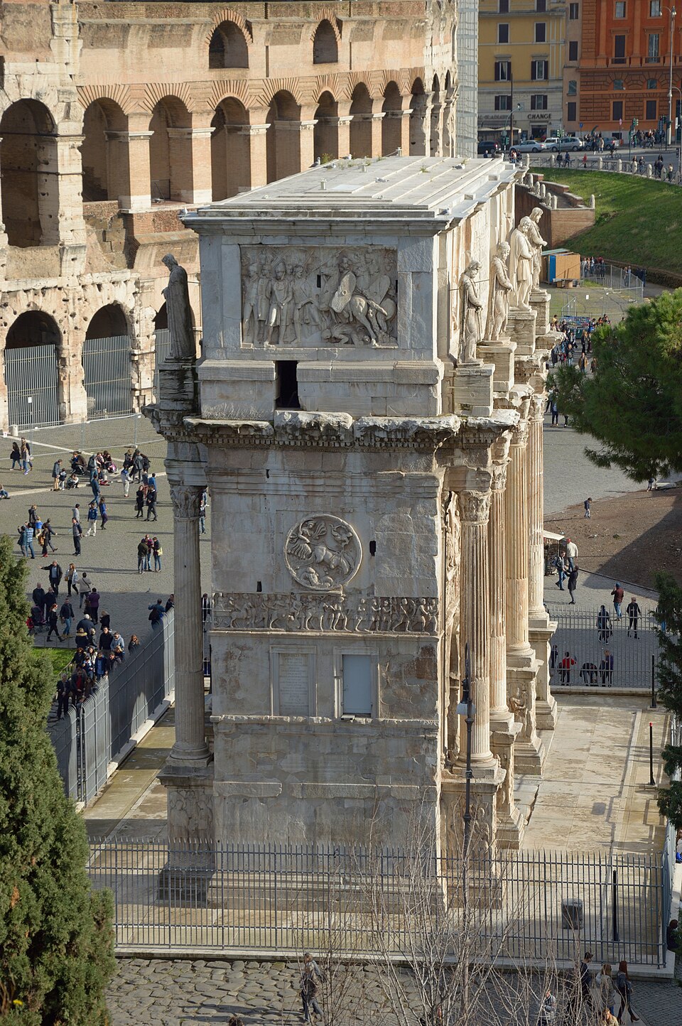 The Arch of Constantine in Rome, lateral view, beside the Colosseum.